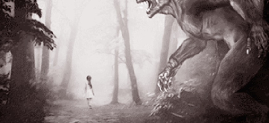 Страшный монстр крадется за маленькой девочкой — эта картинка иллюстрирует страшные звуки для монтажа