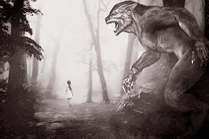 Страшный монстр крадется за маленькой девочкой — эта картинка иллюстрирует страшные звуки для монтажа