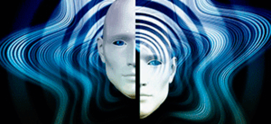 На картинке изображение волн и расколотого лица — иллюстрация к публикации «Короткие звуки для монтажа»